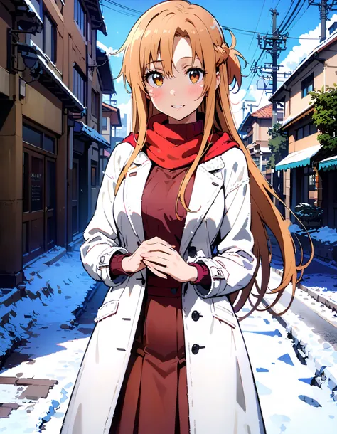 Asuna Yuki , bangs,Alone,  braided, Hair,  brown eyes,single  braided,Medium breast,smile,blush, open their mouths, red scarf,White Down Coat , ( sweater :1.2),( turtleneck:1.2), long skirt ,  boots, standing,snow,whole bodyがイラストに入るように, break looking at vi...