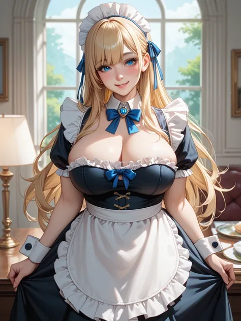  high resolution,  huge tits,  top quality,  blonde,  long hair ,  straight hair,  Details, Blue Eyes, blushes,  gentle smile,  cowboy shot,   maid clothes、Maid hat、 miniskirt、 plump 、 long bangs, Broad shoulders,Thick arms、４０age