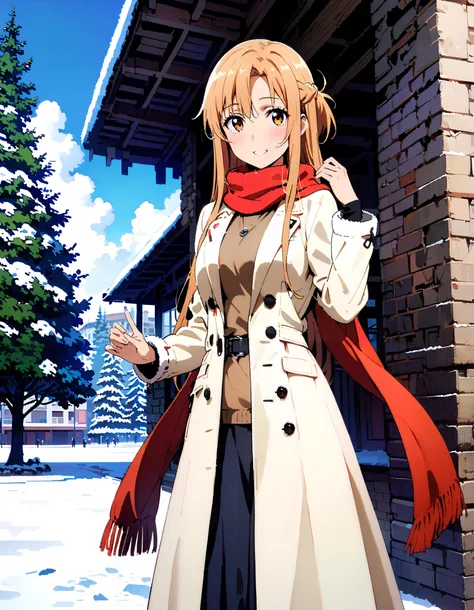 Asuna Yuki , bangs,Alone,  braided, Hair,  brown eyes,single  braided,Medium breast,smile,blush, open their mouths, red scarf,White Down Coat , ( sweater :1.2),( turtleneck:1.2), long skirt ,  boots, standing,snow,whole bodyがイラストに入るように, break looking at vi...