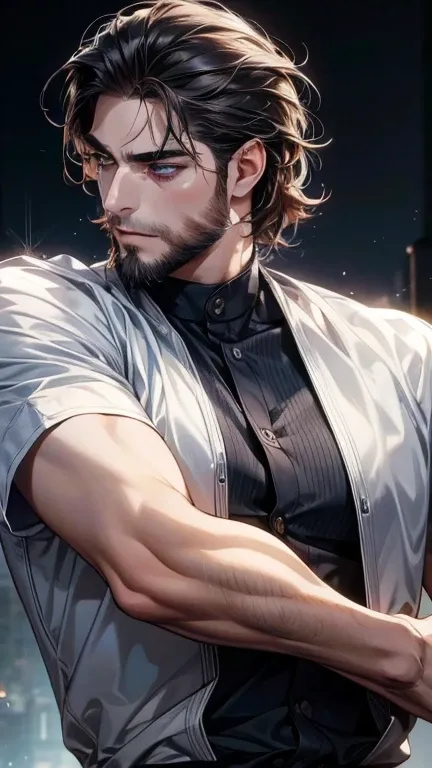 (   Better quality,4K,8k,   highres,   masterpiece:1.2),   ultra-detailed   ,(realistic,photorealistic,photo-realistic:1.37),36-year-old man,3 day beard,cute anime ,Portraits,strong,Masculine,   dark hair,sharp jaw,      mesmerizing eyes      ,   perfectly...