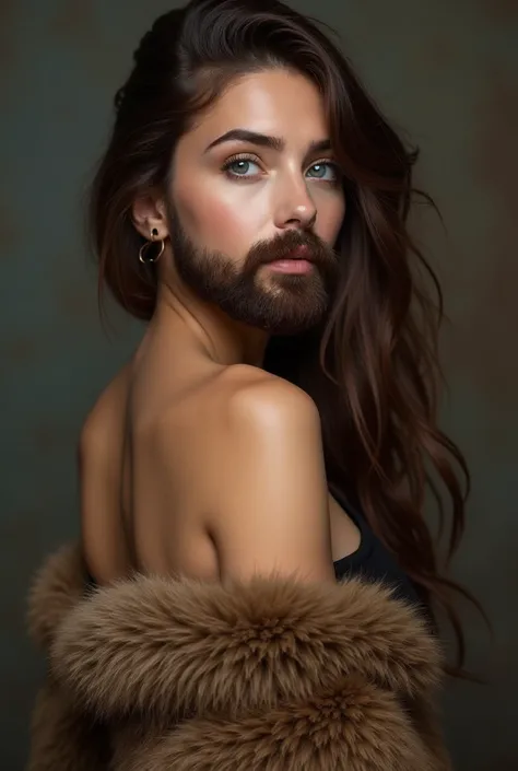 Ultra-Realistic, Precision portrait, a young american bearded woman, female face with a natural real brown beard and mustache, with brown bob long hair, wears massive animal brown fur, dress underneath down till luxury heel shoes, entire shoulders exposed,...