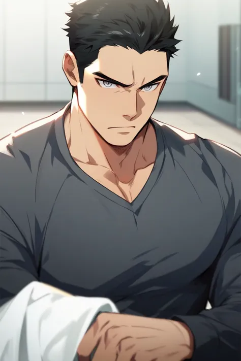 anime, 1 boy,  focus men's,  muscular man,  short hair,  hair combed back ,  black hair, gray eyes,  casual wear,  black clothes, gray shirt, serious, trusting, long sleeve shirt, v neck shirt