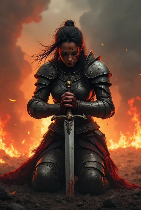  Woman in armor bleeding on her knees with a sword stuck in the ground, with the world burning behind  