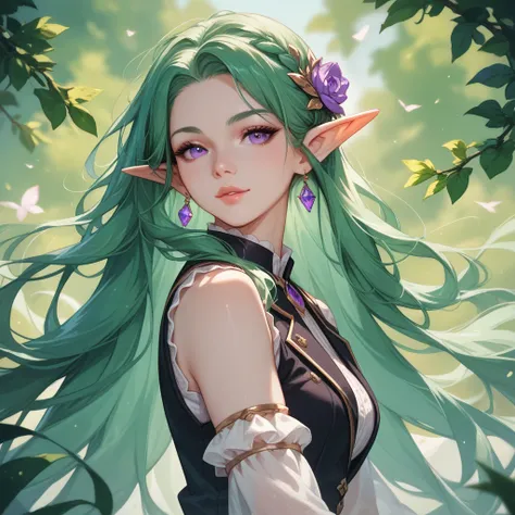 Beautiful and friendly archer elf girl, with green hair, very long and smooth .  purple-eyed.  white skin. black vests.