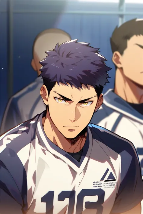 anime,  a sporty  ,  focus men's,  muscular man,  short hair,  hair shaved on the sides,  dark purple hair,  yellow eyes,  sweatshirt, serious, trusting