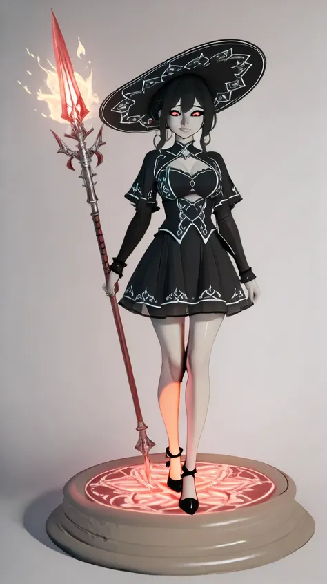 A full-body figurine sculpture of a mischievous gothic-fantasy warrior leaping mid-air, wielding an ornate spear with intricate oriental designs. Her flowing black uniform is adorned with red floral accents, and her wide-brimmed hat features a mystical emb...