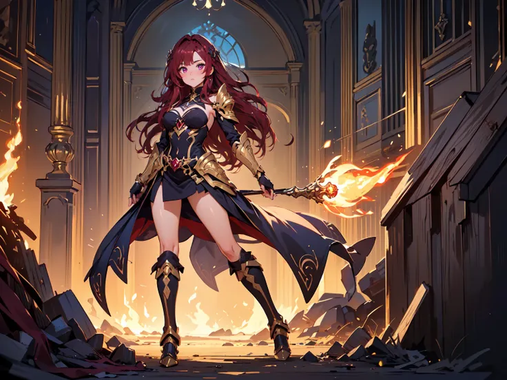 (((masterpiece, best quality, high detailed, 16k))) (1girl) A breathtakingly seductive young woman with long flowing crimson hair and mesmerizing violet eyes. She wears a revealing, intricately designed golden armor adorned with red gemstones. Her posture ...