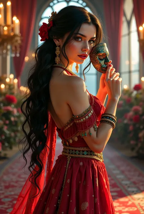 

 Create an image of a gypsy woman with long wavy black hair , lush and brilliant ,  adorned with a colored silk ribbon and small coins golds that gently clink .  Her red eyes are mesmerizing ,  with a seductive and mysterious look that seems to tell stor...