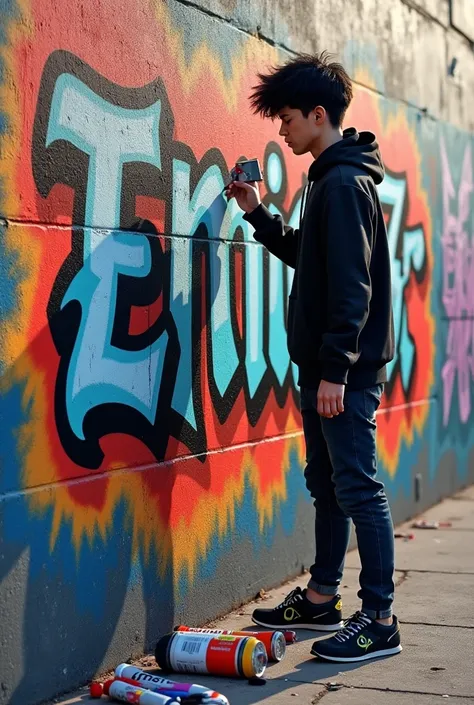 Un rendu 3D d'un plan moyen d'un jeune garçon aux cheveux noirs look hip hop. Il peint à la bombe un, logo ou surnom de style graffiti sur un mur de briques. Le logo contient le mot "Emir 7fa7" dans une police de caractères, texte bulle. L'arrière-plan a u...