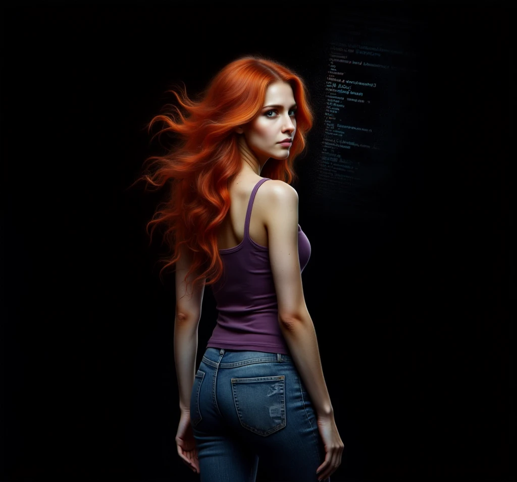 A beautiful red-haired woman in blue jeans and a purple tank top walks into the black darkness, looking like she might disappear. She glances over her shoulder, looking behind her, as computer code floats around her.Hair Over One Eye, Floating Hair, Evil S...