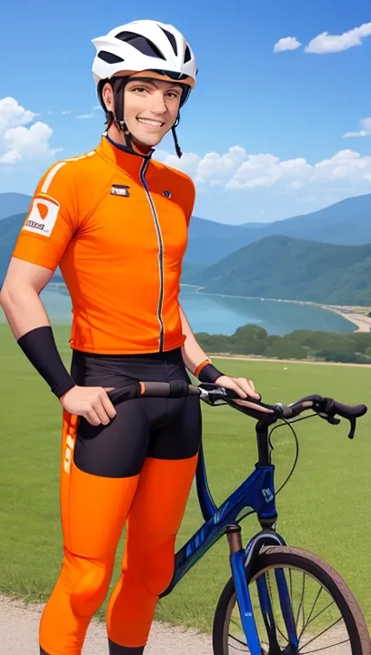 man is smile, helmet normal, he is solo, from alternative world ,best quality, realistic, cycling full orange color suit and cycling sports shorts, he is stand ,