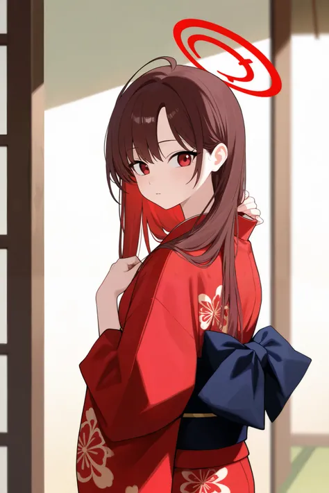 1 girl, Hair length reaches the back, Brown hair and red hair on the edges of the hair, red eyes, but not bright, wear a kimono suit, หน้าอกไซส์ปานกลาง, have a red halo