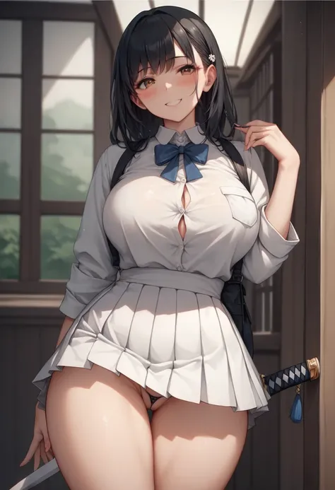 score_9, score_8_up, score_7_up, source_anime, best quality, clear face, girl, black hair, brown eyes, large breasts, perfect body, standing, looking,cute smile, mouth, wearing white shirt,small white skirt pleated,blushing,sexy pose,teasing,wide hips,sexy...