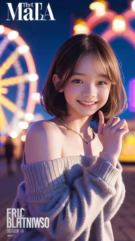 Emma Myers, whole body,  top quality, 1 girl, Alone, (Amusement park at night,  magazine cover ),  watches viewers, Intense Perspectives , Playing with the camera, smile, walk、Castle in the background、One-shoulder sweater、