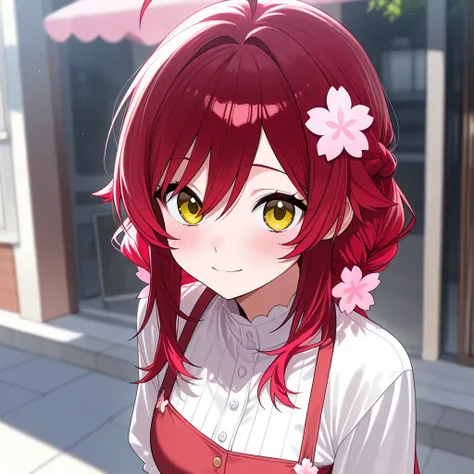 A female cat with very dark cherry red hair with Sakura flowers on her head