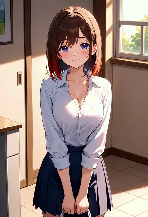 High school girl wearing an open collar blouse