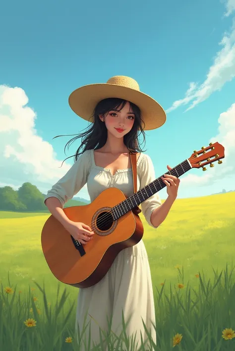 Create a high-resolution digital artwork featuring a beautiful woman playing a guitar in a picturesque rural setting. She wears a straw hat and is surrounded by lush green fields and an expansive blue sky. Capture the gentle, natural lighting that bathes t...