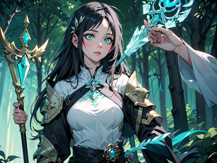 (((Masterpiece, best quality, 16k))) female character with long black hair and glowing green eyes. She wears an ethereal armor in silver, gold, and blue. wields a mystical staff with a floating crystal. The character has a serene expression, with a tranqui...