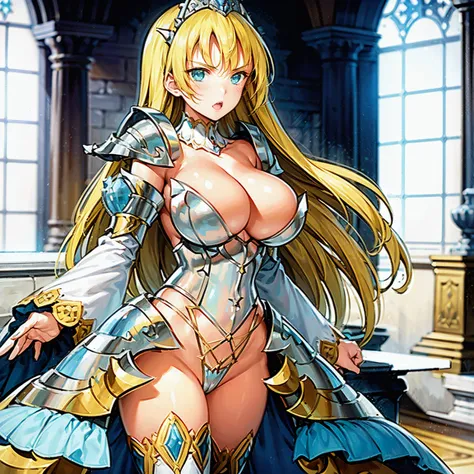 qbcinderella, long hair, tiara, detached collar, armor, bikini armor, pauldrons, wide sleeves, frilled sleeves, showgirl skirt, white thighhighs, large breasts, cleavage, cleavage cutout, 