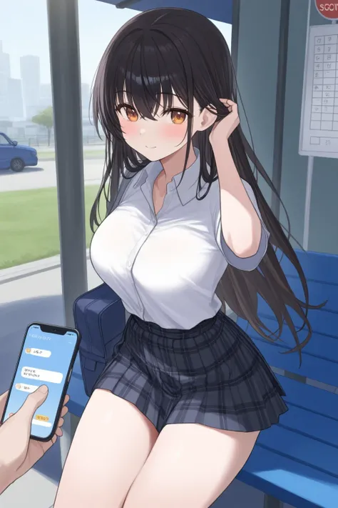 ( Masterpiece,  top quality:1.2), City　High school girls are waiting at the bus stop　　White shirt top　The bottom is a navy blue pleated skirt　Neat black hair、Amber Eyes、 long hair、 glossy black hair 、(I'm hanging my hair over my ear)、Pay attention to the t...