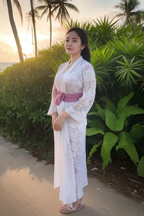 A beautiful Korean girl,slightly  fat,  dreadlocks hair,wearing white  batik kebaya and white batik bottoms medium, standing relaxed on the coconut trees, sunset.natural