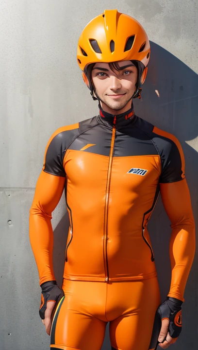 man is smile, helmet normal, he is solo, from alternative world ,best quality, realistic, cycling full orange color suit and cycling sports shorts, he is stand ,