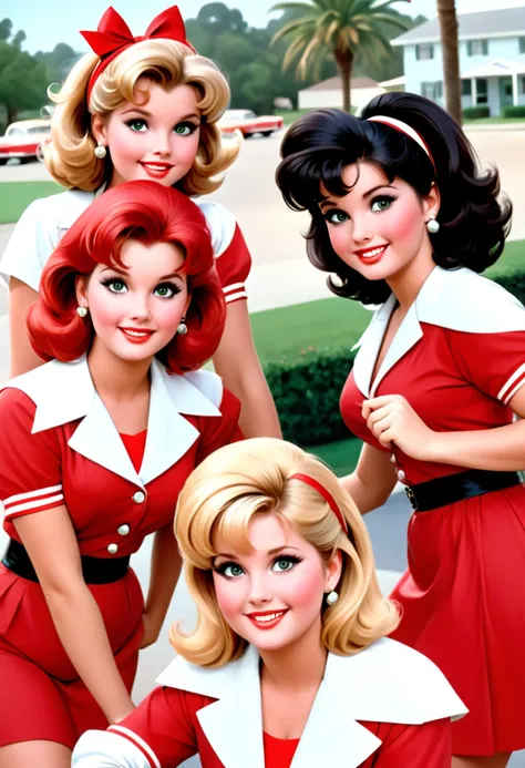   cinematic style.  retro. Chubby red-haired schoolgirls in Olivia Newton John style in the movie Grease