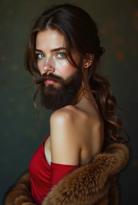 Ultra-Realistic, Precision portrait, a young american bearded woman, female face with a natural real brown beard and mustache, with brown bob long hair, wears massive animal brown fur, red dress underneath, exposing her shoulders and her back, beautiful fe...