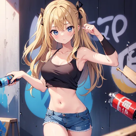 最 high quality、 best image quality、 Masterpiece、Teenage Girl((18 years old、 By becoming、Best Bust、 Medium Bust ,Wide々 and open space brown 、  Blackeye ,   blonde hair 、Habitual hairstyle、 long hair、thin,The best valley、navel black tank top、 blue shorts 、te...