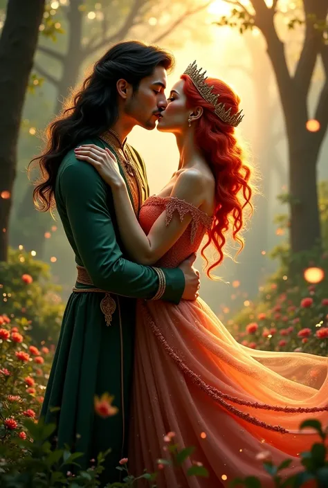 Can you create a black-haired, angel-looking prince for me kissing a red-haired princess in a forest 