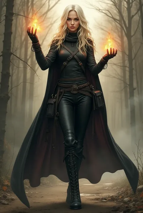   Good quality realistic illustration , full body, Young woman, very white skin, cute face, HONEY YELLOW EYES long wavy platinum blonde hair. 
He's doing magic with his hands 
Her clothes are - A fitted blouse: dark colored.  It has a style that recalls a ...