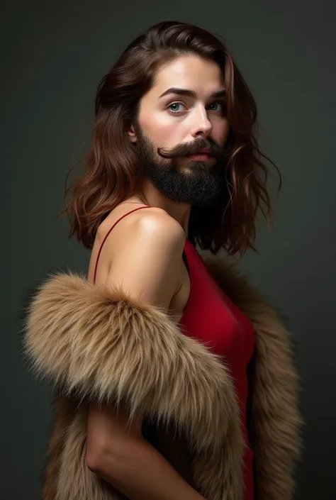 Ultra-Realistic, Precision portrait, a young american bearded woman, female face with a natural real brown beard and mustache, with brown bob long hair, wears big massive animal brown fur coat, red dress underneath, exposing her shoulders and her back, bea...