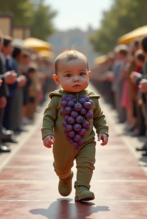 A human baby standing in the distance wearing a onesie covered in realistic mini grapes. walking down a runway surrounded by people.