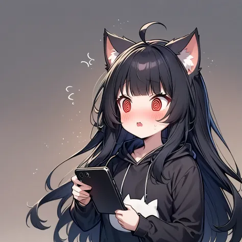 (@_@:1.5), chibi, girl,  ((cat girl, cat black ears)), (red eyes), (long hair), (( black hair, (Ahoge), straight bangs,)), upper body, operate smartphone, looking away, cat costume