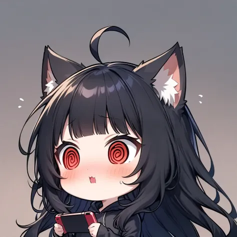 (@_@:1.5), chibi, girl,  ((cat girl, cat black ears)), (red eyes), (long hair), (( black hair, (Ahoge), straight bangs,)), upper body, operate smartphone, looking away, cat costume