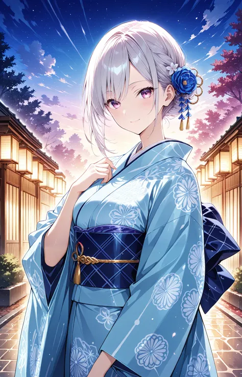 A beautiful woman with an anime-style illustration is wearing a kimono with a yaguri pattern