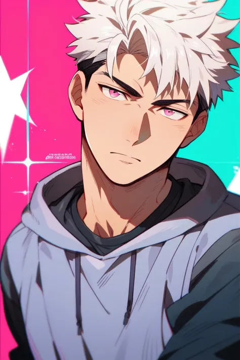 anime, man,  white hair,  Short hair, dark pink eyes, high, muscular,  impressive presence , serious,  Sweatshirt clothes ,  casual wear,