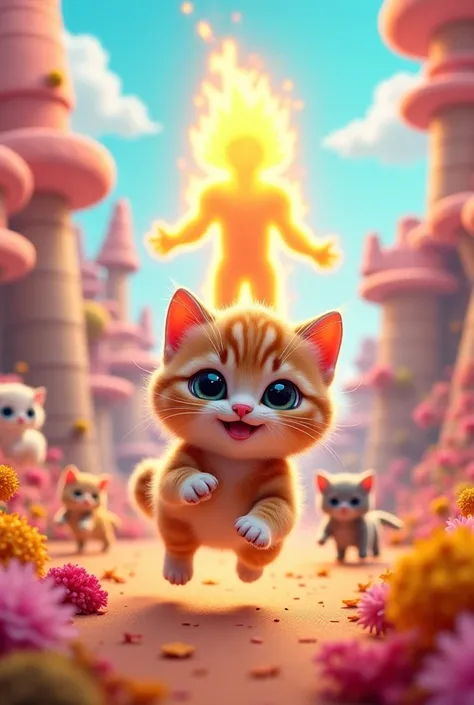 Super cute  kitty having the best time in kitty land with all the other kitties and ghost rider being awesome in the background 