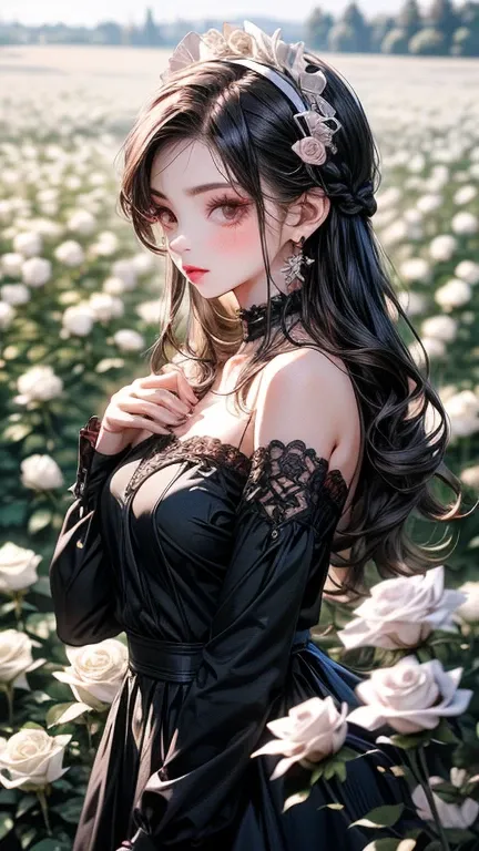 (一个 Standing in a field of white roses  的韩国人 ,   Standing in a field of white roses  ,  Lolita Fashion, Gray Hair, ,I'm wearing an emo suit  , l flat chested 、ong eyelashes, Pink Mouth,  , Gloss, , Put your hands in your hair .