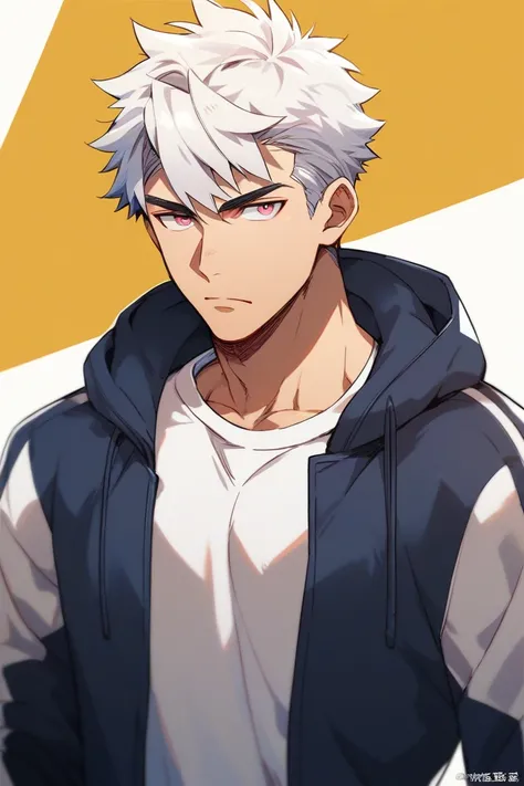 anime, man,  white hair,  Short hair, dark pink eyes, high, muscular,  impressive presence , serious,  Sweatshirt clothes ,  casual wear,