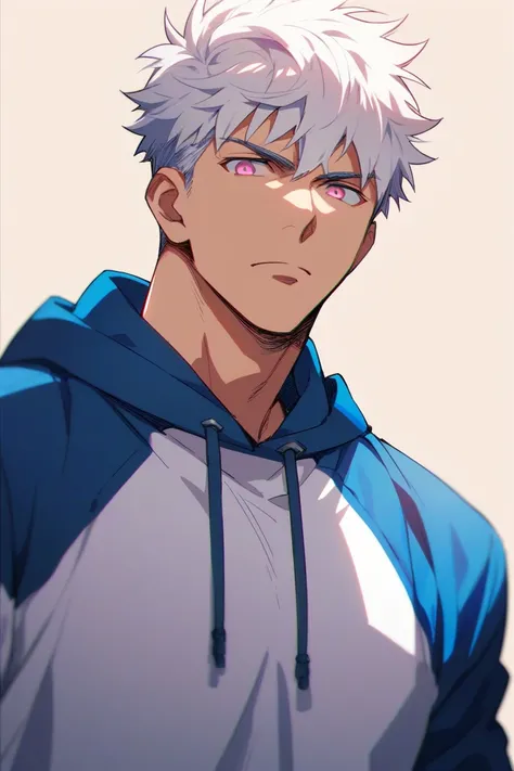 anime, man,  white hair,  Short hair, dark pink eyes, high, muscular,  impressive presence , serious,  Sweatshirt clothes ,  casual wear,