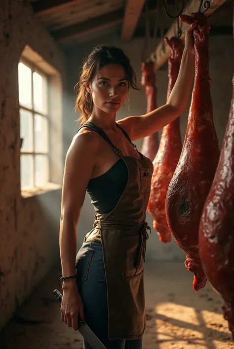 Sexy butcher woman hanging hams in pigs farm 