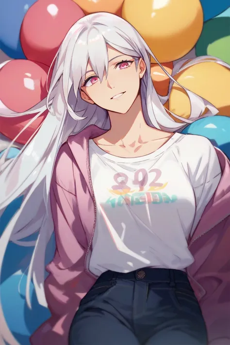 anime, woman,  white hair,  long hair,  Straight hair, dark pink eyes, slender body, kind,  Sweatshirt clothes ,  casual wear,  medium tits,  joyful presence , quudere,  women's clothing ,