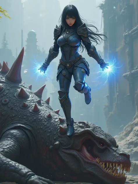 A young cute asian girl. Slim body, long black hair. Wearing combination between ironman and medieval armor, Hovering by emitting stable blue plasma from the sole of her feet, over a big monster carcass, Full body view.