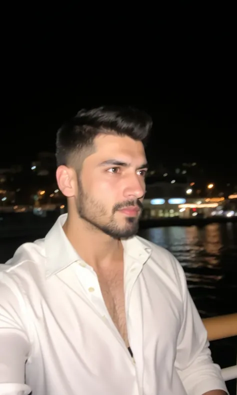 very handsome young turkish guy with muscle, black short hair fade and goatee selfie and  he is in turkey istanbul he wearing a white blouse with reverse collar he is next to sea he is posing looking left pose he is on a ferryboat his haircut is low taper ...