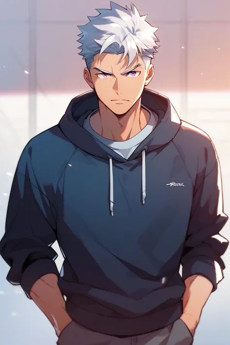 anime, man,  white hair,  Short hair,  hair shaved on the sides, dark pink eyes, high, muscular,  impressive presence , serious,  Sweatshirt clothes ,  casual wear,