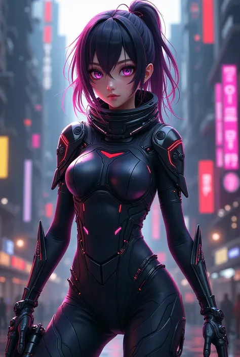 An anime girl in a futuristic cyberpunk outfit