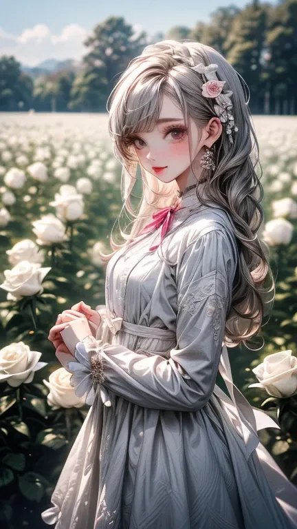 (一个 Standing in a field of white roses  的韩国人 ,   Standing in a field of white roses  ,  Lolita Fashion, Gray Hair, ,I'm wearing an emo suit  , LP/、ong eyelashes, Pink Mouth,  , Gloss, , Put your hands in your hair .