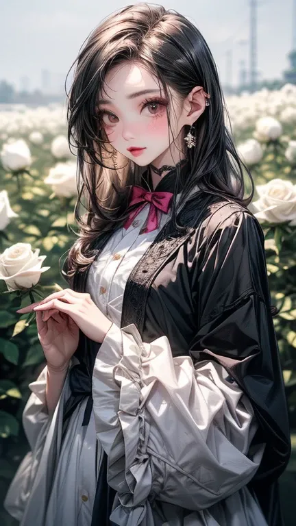 (一个 Standing in a field of white roses  的韩国人 ,   whole body、Standing in a field of white roses  ,  Lolita Fashion, Gray Hair, ,I'm wearing an emo suit  , LP/、ong eyelashes, Pink Mouth,  , Gloss, , Put your hands in your hair .