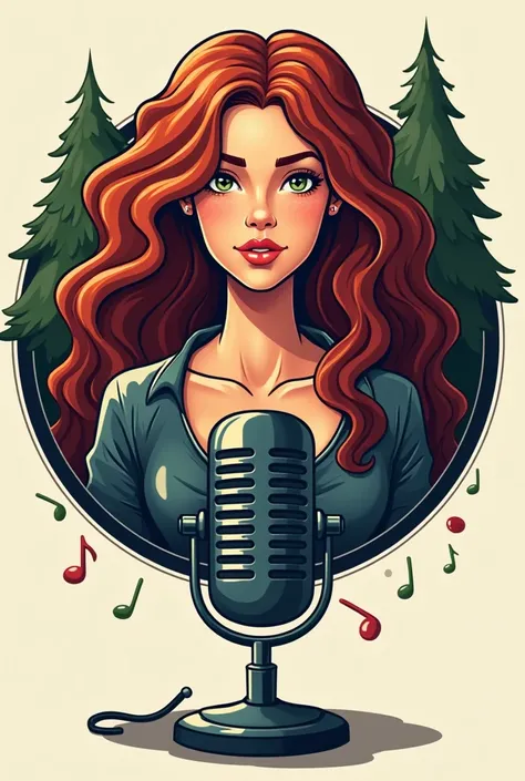 Create a podcast logo with realistic features that remind real people,  hair in the logo must have a man with long black hair, a busty redhead woman with curly hair and a busty woman with brown hair, Also add trees and books to logo, in addition to a podca...